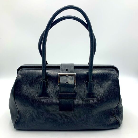 Auth PRADA Black Vitello Leather Speedy Boston Doctor Fibbia Bag Preloved - Picture 1 of 10